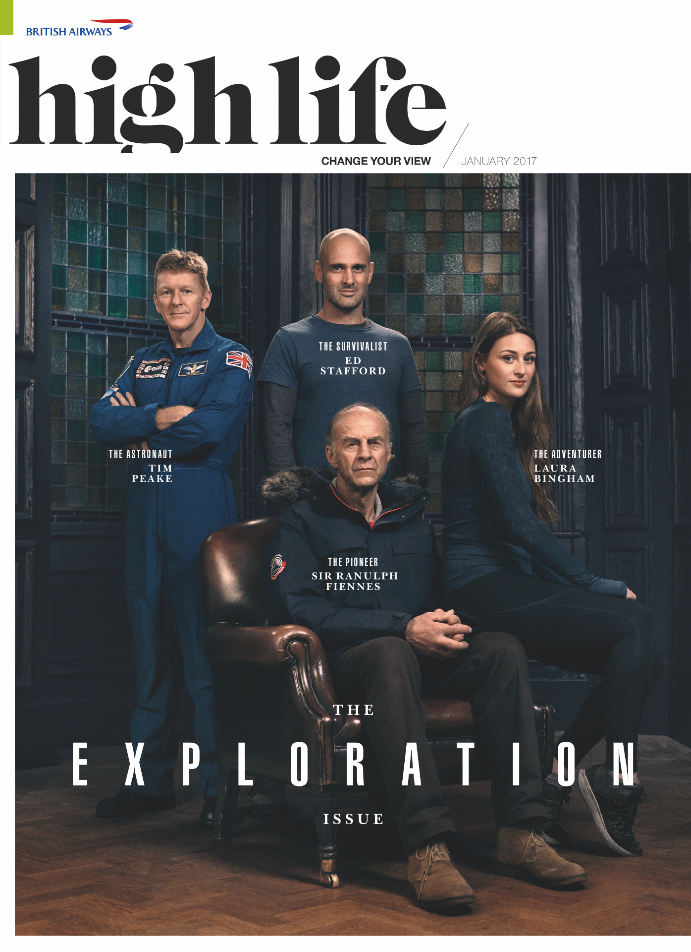Laura Bingham on the cover of British Airways High Life magazine, January 2017, alongside Sir Ranulph Fiennes, Tim Peake and Ed Stafford